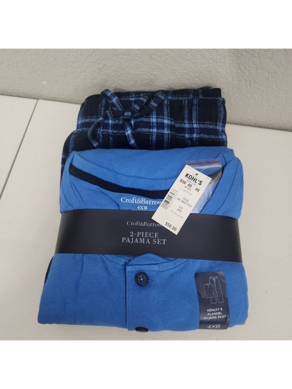 Croft & Barrow Mens 2-Piece Henley & Flannel Pajama Set 4XB Blue Plaid